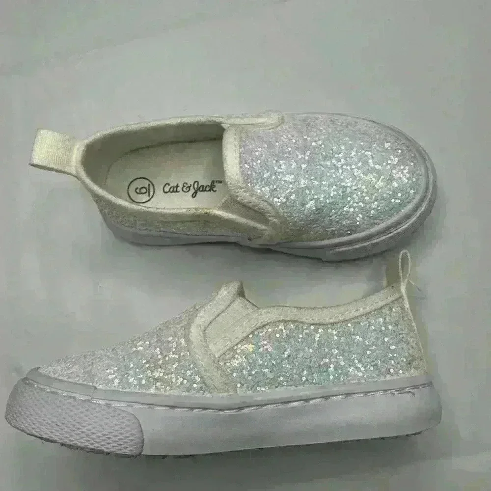 Cat & Jack Madigan Slip-On Sneakers Toddler Girls White Glitter Size 6